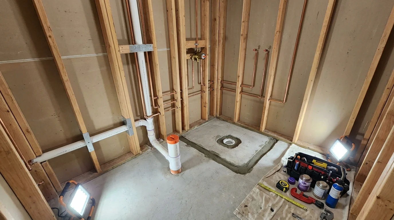 Bathroom rough-in plumbing during remodel by Johns Plumbing LLC in Pinckneyville
