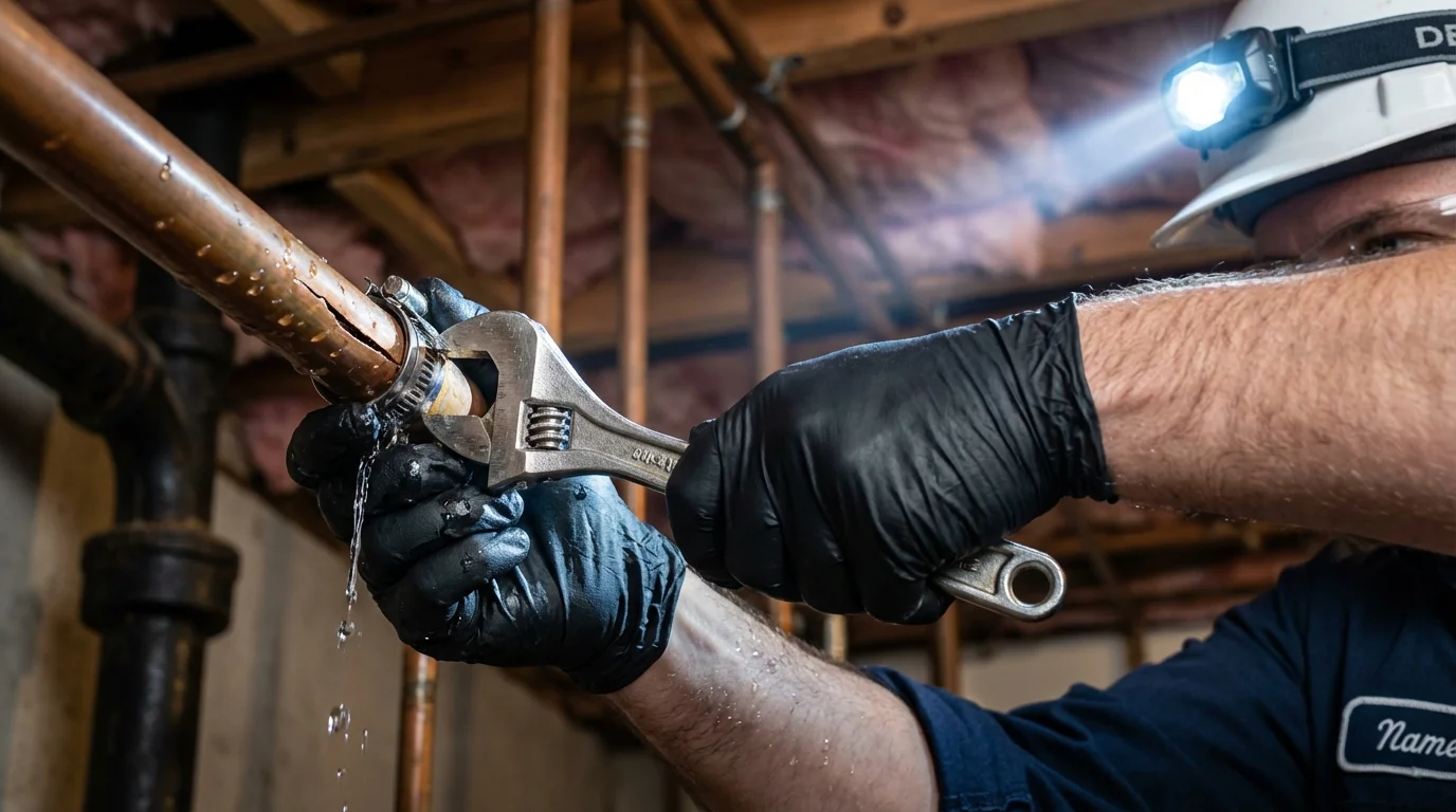 Emergency pipe clamp repair being performed by a Johns Plumbing LLC plumber in Pinckneyville