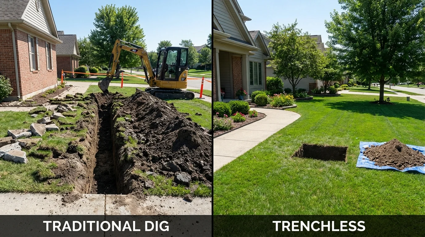 Trenchless sewer repair with minimal yard damage versus traditional excavation in Pinckneyville, IL