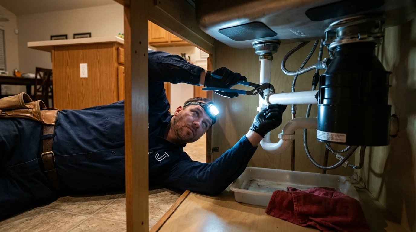 P-trap and supply line connections under a kitchen sink showing a common leak point in Pinckneyville, IL